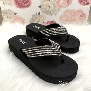 H2K • Wedge Slip On Black Sandals With Rhinestones Sparkles Womens Size US 5.5W